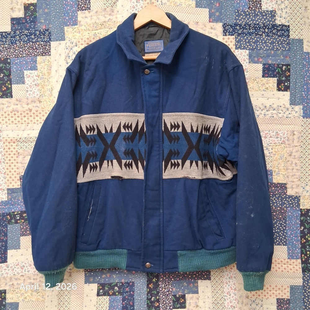 Vintage Pendleton High Grade Westernwear Blue Aztec Wool Jacket Size Large